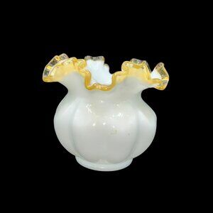 Fenton Gold Crest Rose Bowl Vase Double Crimped Melon Shaped Milk Glass 6.5 x 5.